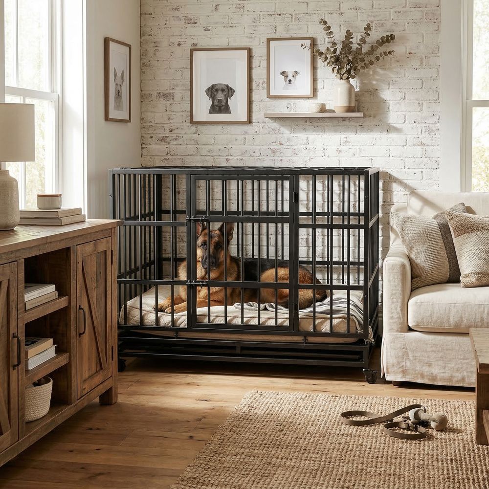 Cage pour chien métal 120 x 75,7 x 92 cm noire pour chiens moyens et grands avec roulettes et plateau amovible