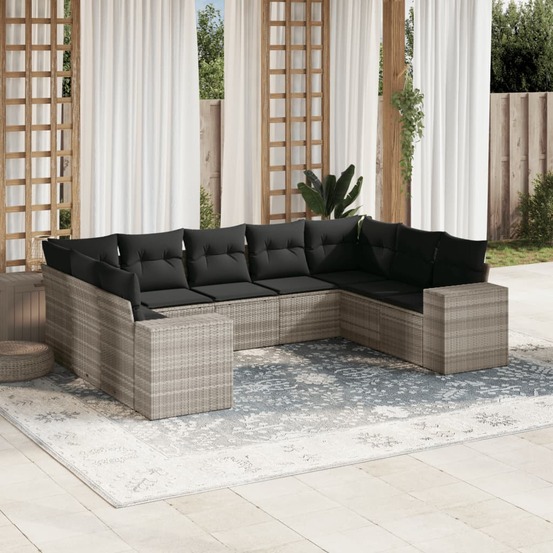 Salon de jardin 9 pcs avec coussins gris clair résine tressée