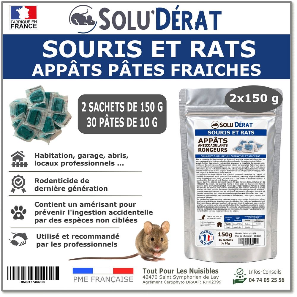 Solu'derat appâts pâtes fraîches rats & souris - 2 sachets 150 g / 30 pâtes - rodenticide au diféthialone 0,0025 %