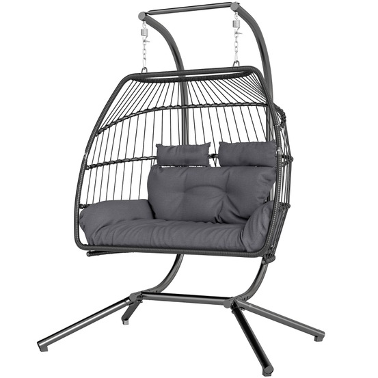 Fauteuil suspendu pliable avec structure, pour 2 personnes, en polyrotin, pour balcon et terrasse, gris foncé