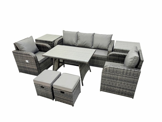 Ensemble de meubles de jardin en polyrotin 8 pièces avec table à manger rectangulaire 2 petits tabourets 2 tables d'appoint