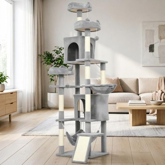 Arbre à chat gris en bois et peluche 48 x 48 x 192 cm griffoir plateformes niches