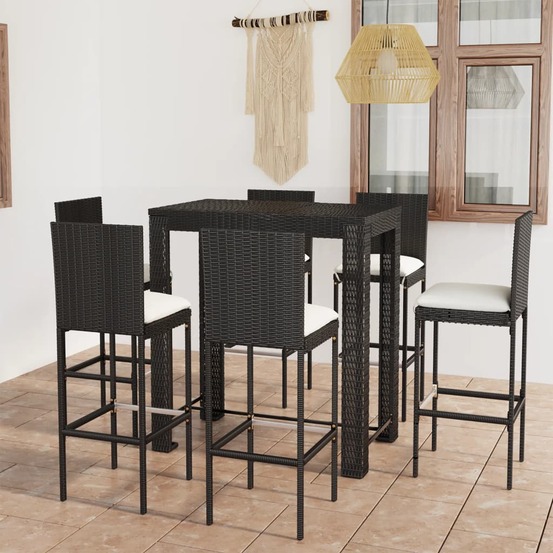 Ensemble de bar d'extérieur 7 pcs coussins résine tressée noir
