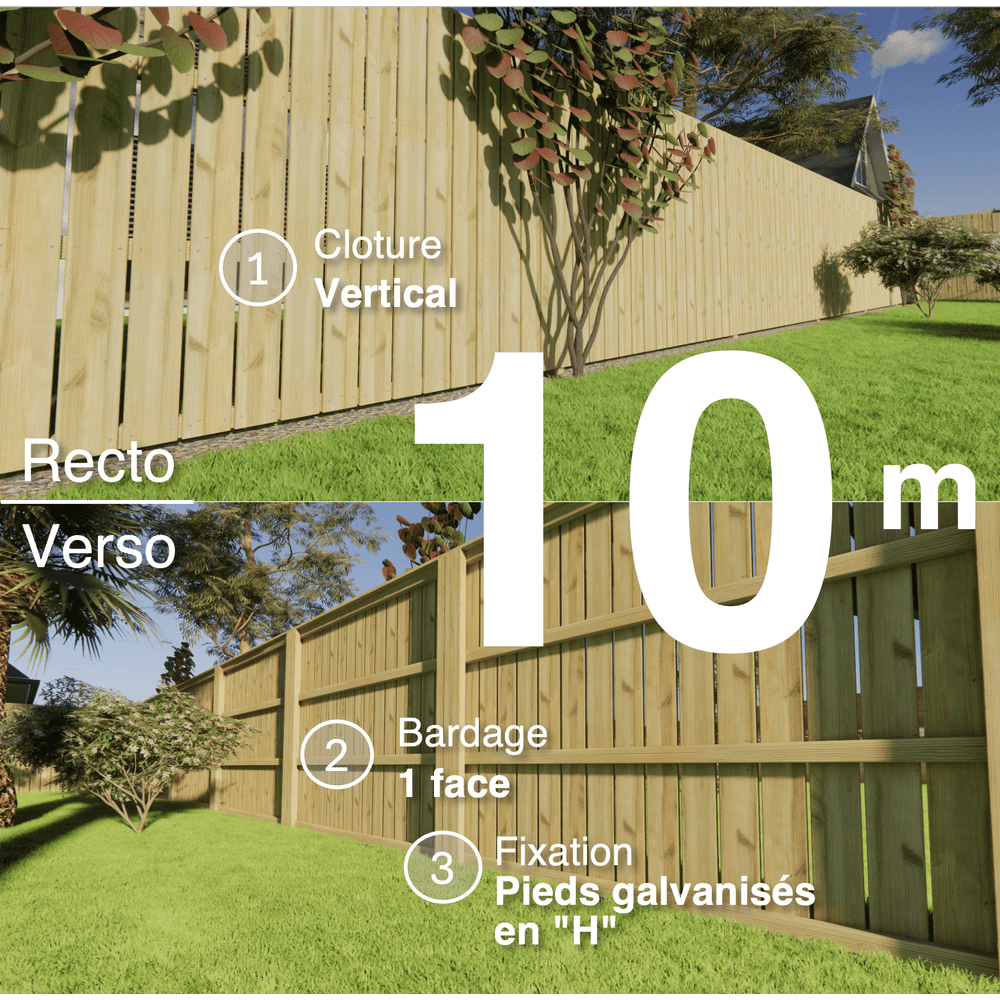 Kit clôture bois moderne 10m – h 1,9m – 21 x 145 mm autoclave vert – pose vertical – simple face – support galva