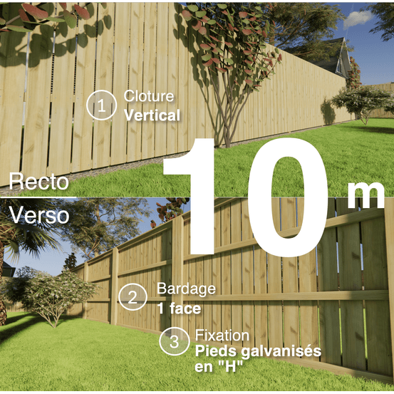 Kit clôture bois moderne 10m – h 1,9m – 21 x 145 mm autoclave vert – pose vertical – simple face – support galva