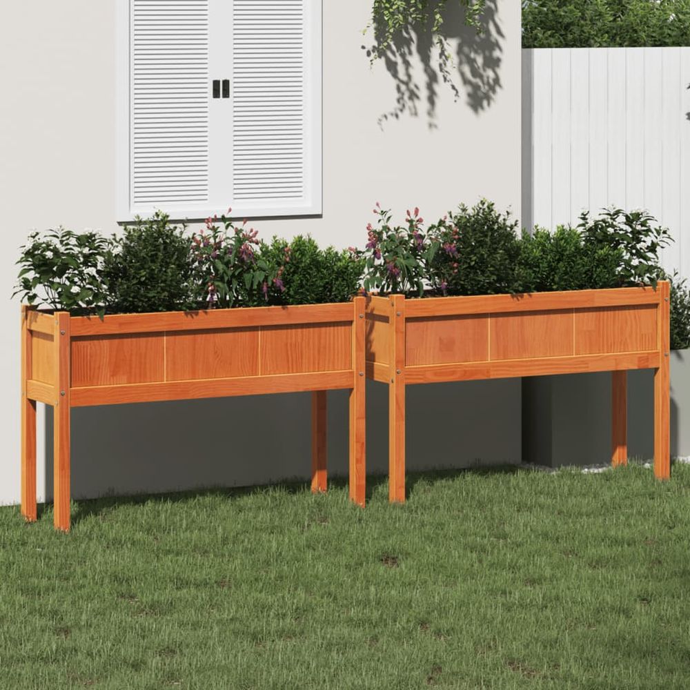 Lot de 2 grandes jardinières sur pieds 110 cm bois cire marron