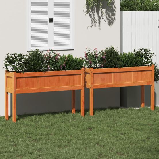 Lot de 2 grandes jardinières sur pieds 110 cm bois cire marron