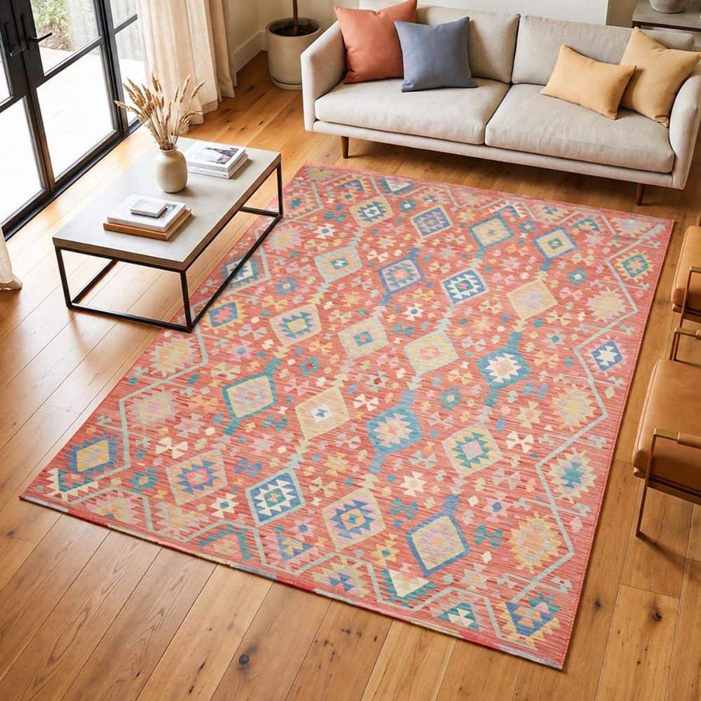 Tapis kilim 205 x 298 cm, rouge, bleu et jaune, en laine, tissé à plat, kilim 53