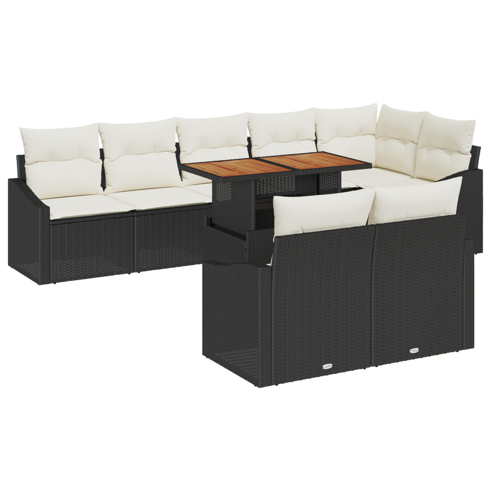 Ensemble de salle à manger de jardin de 9 pièces avec coussins noir poly rattan acacia