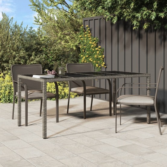 Table de jardin gris 190x90x75 cm verre trempé/résine tressée