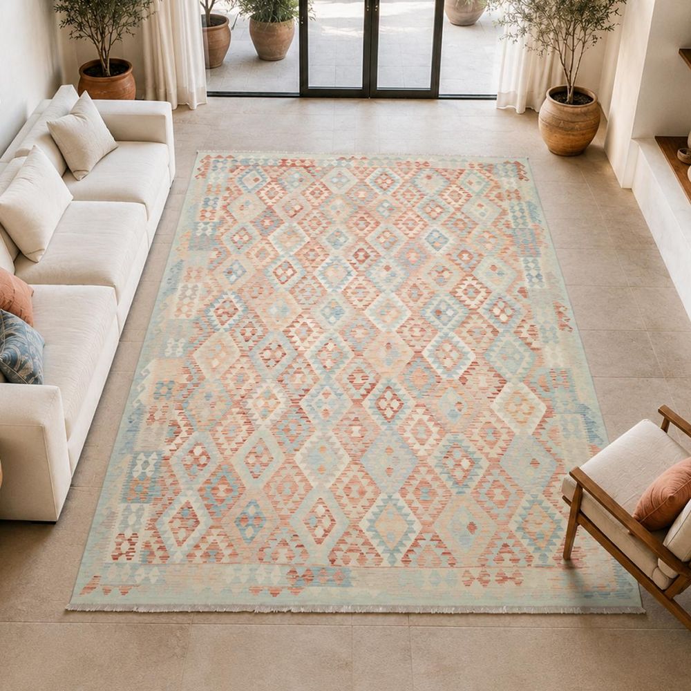 Tapis kilim 253 x 347 cm, multicolore, bleu et rouge, en laine, kilim 101