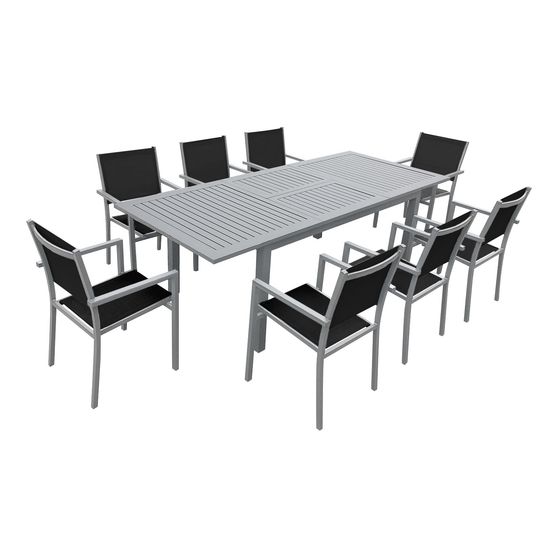 Salon de jardin capri extensible en textilène noir 8 places - aluminium gris