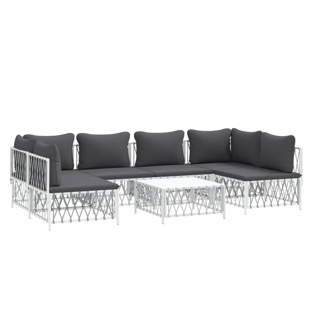 Salon de jardin meuble d'extérieur ensemble de mobilier 7 pièces avec coussins blanc acier