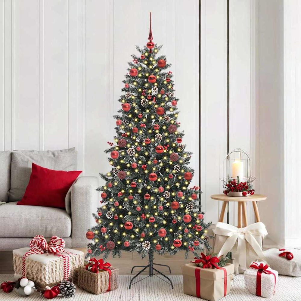 Sapin artificiel lumineux 180 cm, décoration tout-en-un avec baies rouges et 300 led