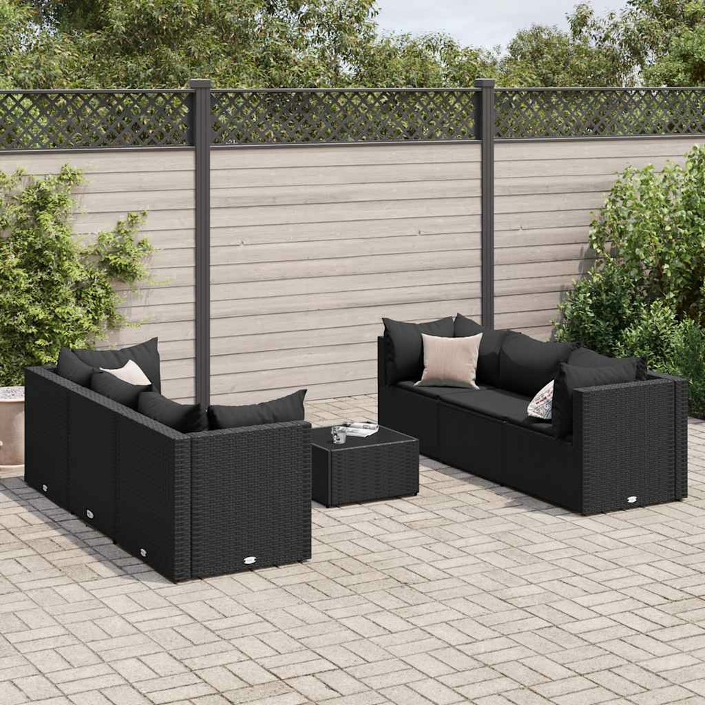 Salon de jardin 7 pcs avec coussins noir résine tressée