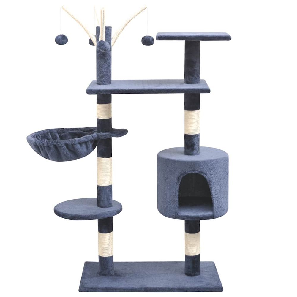 Arbre à chat 125 cm avec hamac griffoir sisal et jouets suspendus bleu