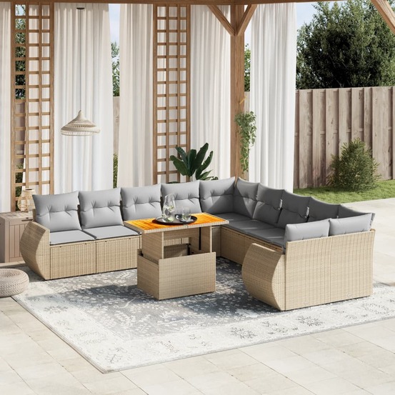 Salon de jardin 11 pcs avec coussins beige résine tressée