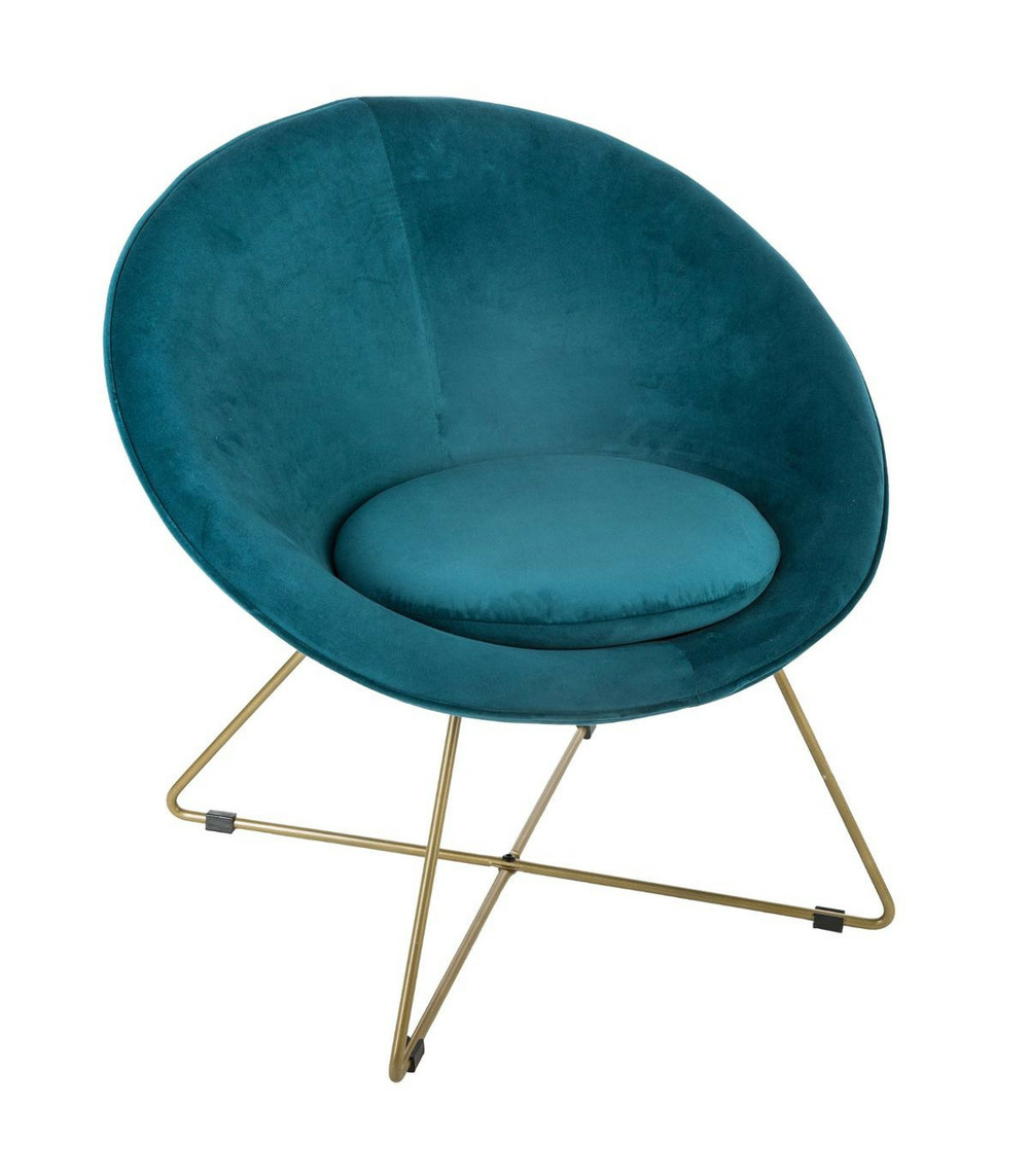 Fauteuil en velours bleu et pieds en métal doré