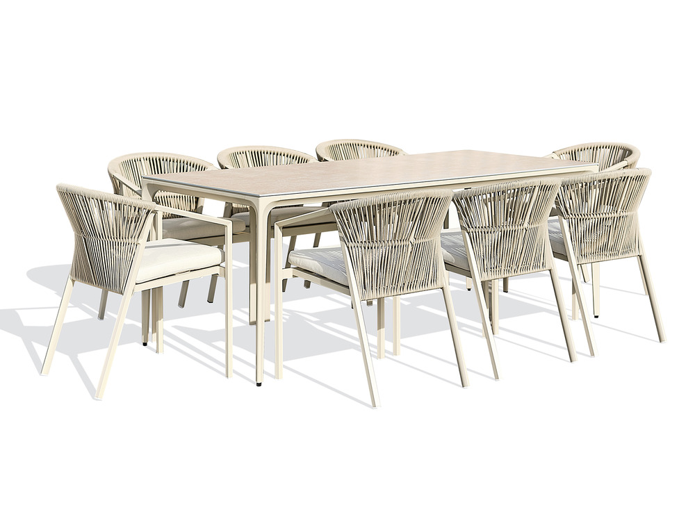 Ensemble table de jardin tigua (200x90 cm) en aluminium et plateau céramique sur verre et 8 fauteuils gambi empilables - grege