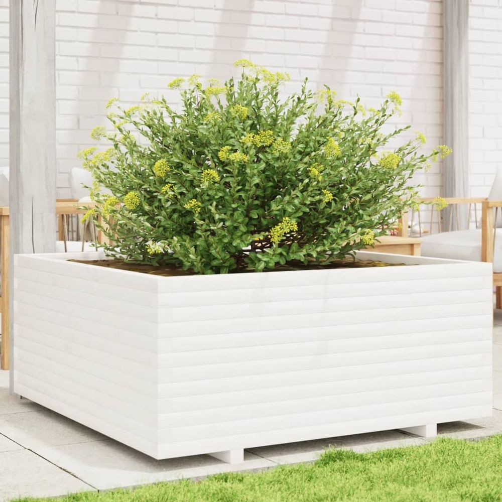 Très grand pot carré bois pin massif pour jardin extérieur blanc 110cm