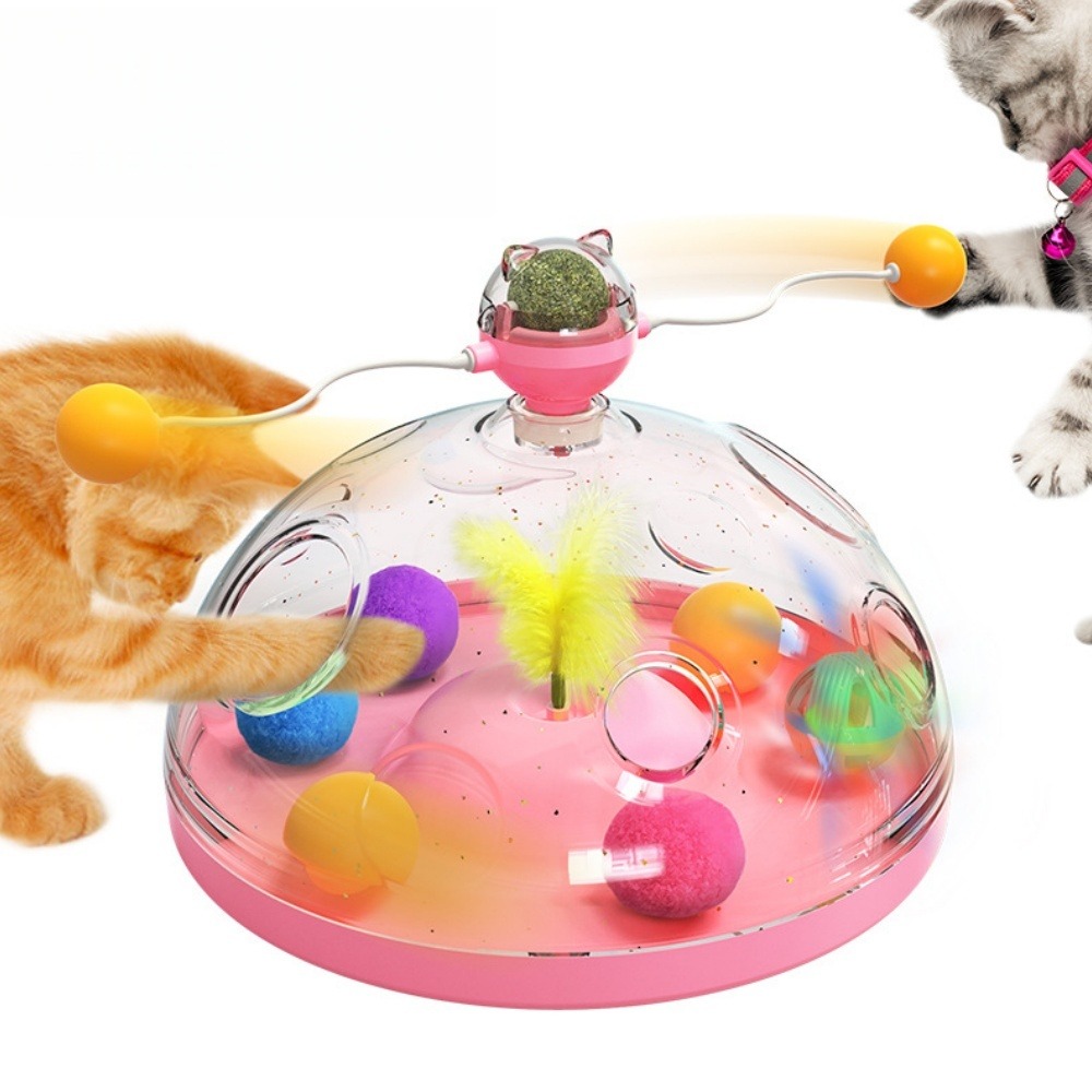 Canne à pêche pour chat-jouet plateau tournant pour chat et balle-jouet interactif avec boules d'herbe à chat, rose