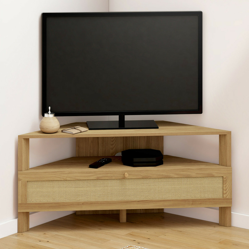 Meuble tv 100 cm d'angle hanae 1 porte effet naturel cannage