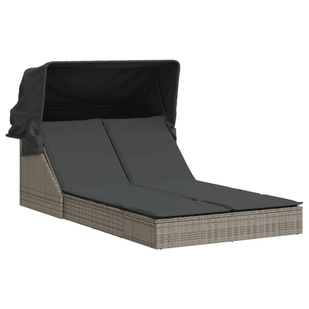 Chaise longue double et auvent et coussins gris résine tressée bain de soleil