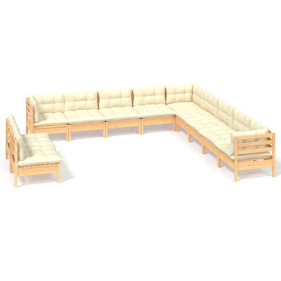 Salon de jardin 11 pcs avec coussins crème bois de pin solide