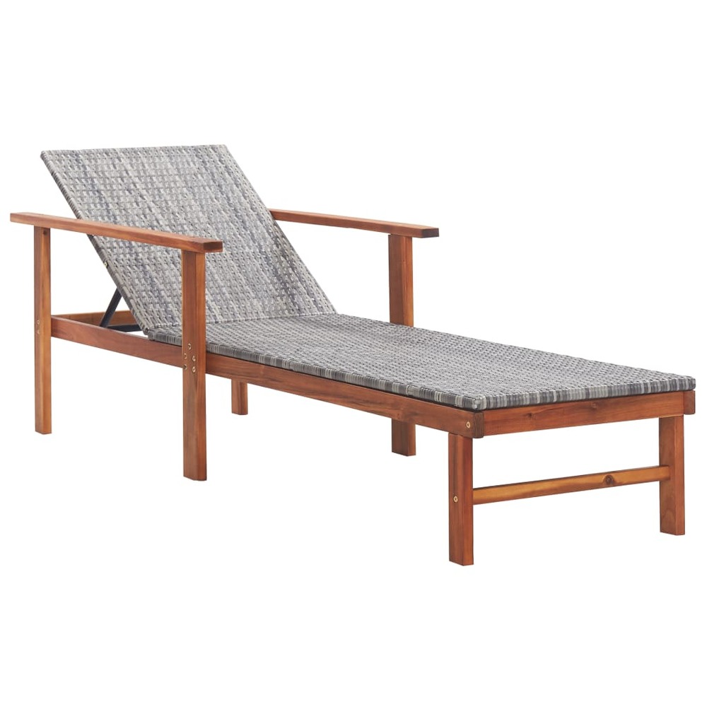 Chaise longue et coussin résine tressée et bois d'acacia gris