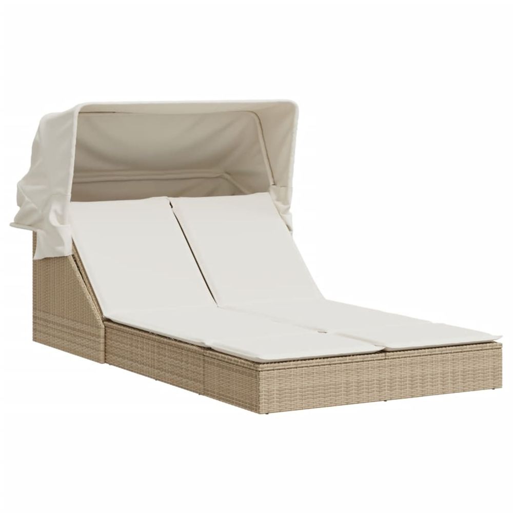 Chaise longue double avec auvent et coussins beige poly rotin bain de soleil