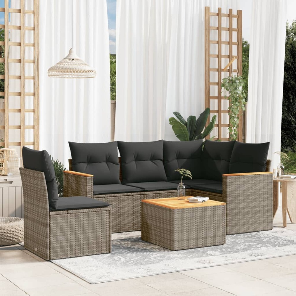 Salon de jardin 6 pcs avec coussins gris résine tressée