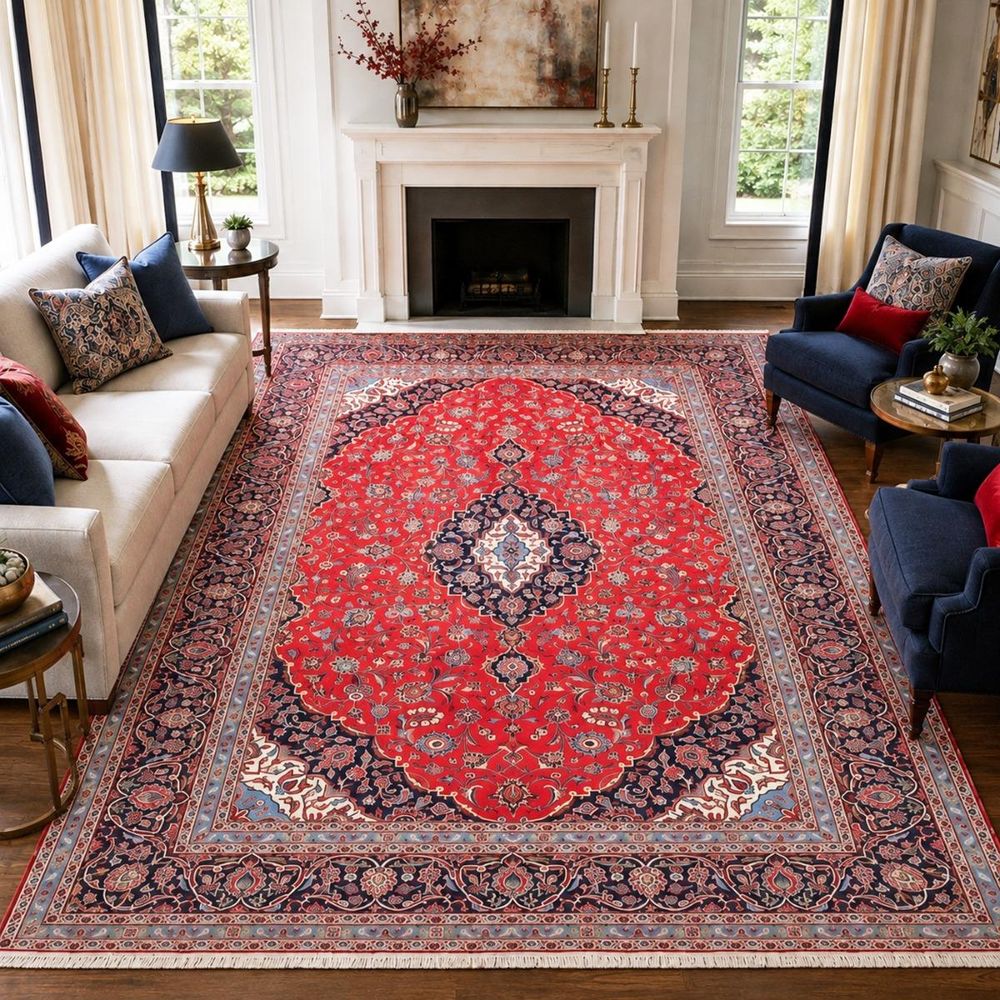 Tapis d'orient, 283 x 413 cm, rouge, bleu et crème, noué main, ardakan 5