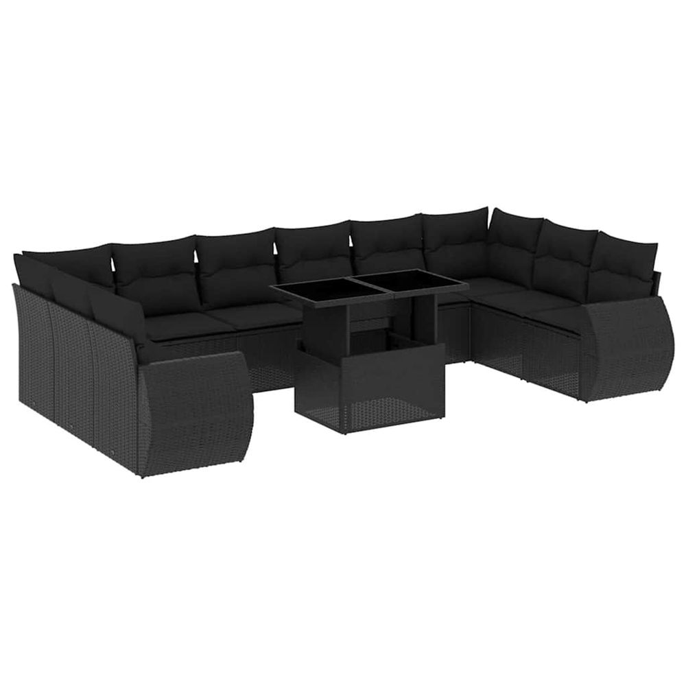 Salon de jardin 11 pcs avec coussins noir résine tressée