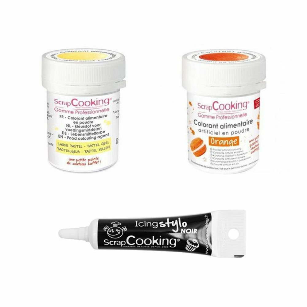 2 colorants alimentaires orange-jaune pastel + stylo glaçage noir