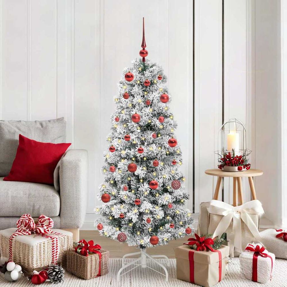 Kit sapin de noël artificiel 150 cm complet, décoré avec 61 boules et lumières led 8 modes