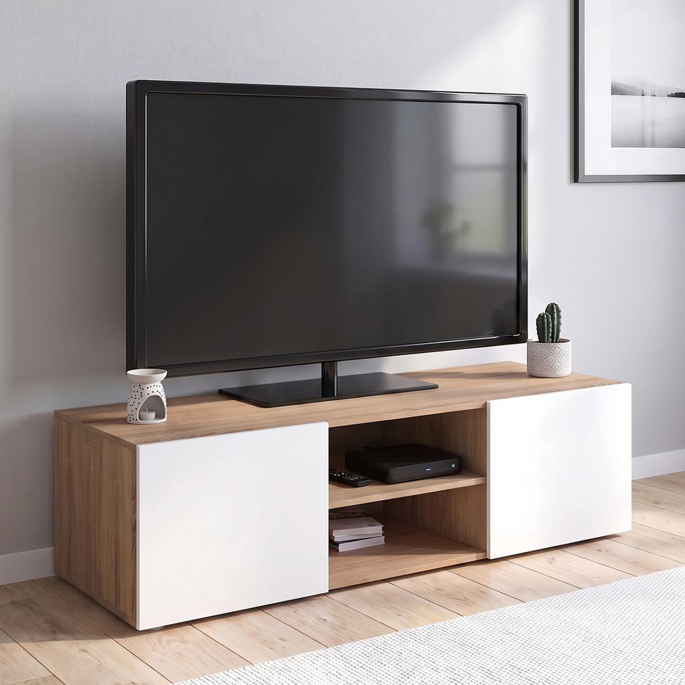 Meuble tv 113 cm eli bois façon hêtre portes blanches