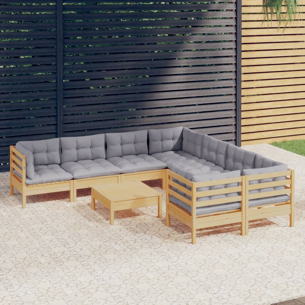Salon de jardin 9 pcs avec coussins gris bois de pin