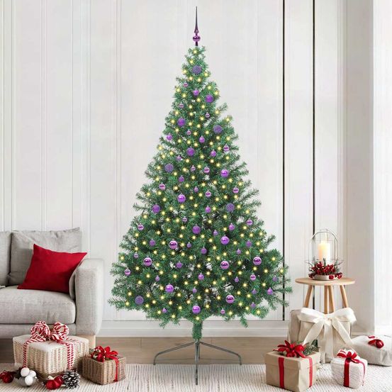 Grand sapin de noël artificiel 240 cm, kit complet avec 300 led et 120 boules vertes