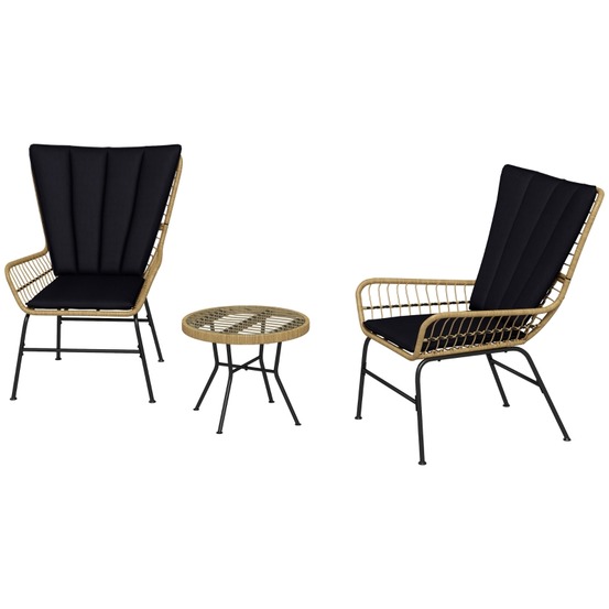 Ensemble de salon de jardin en rotin, 3 pièces, comprenant 2 chaises + une table d'appoint, plateau en verre, coussins inclus.