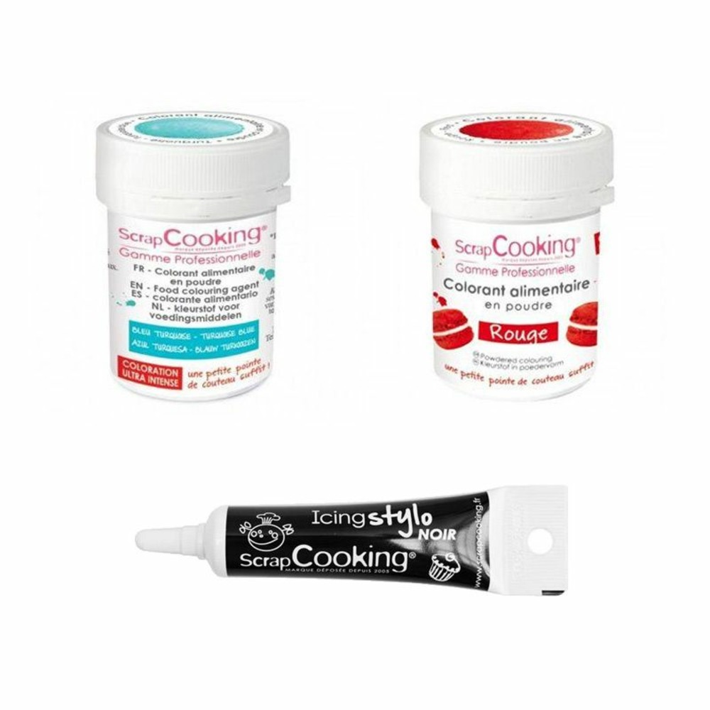 2 colorants alimentaires rouge-turquoise + stylo glaçage noir