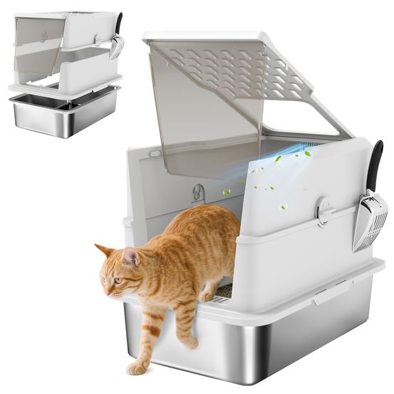 Maison de toilette xl en acier inoxydable double entrée anti-odeur pour chat 60 cm gris clair