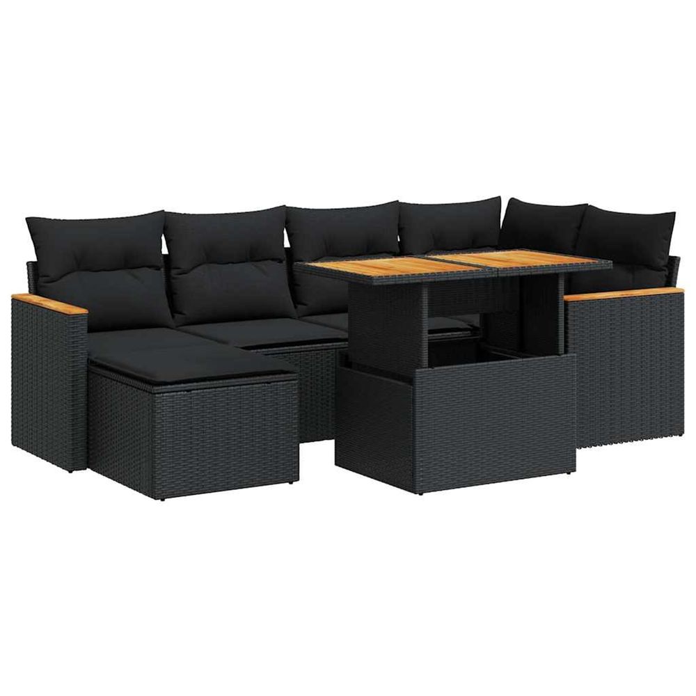 Salon de jardin avec coussins 7 pcs noir résine tressée acacia