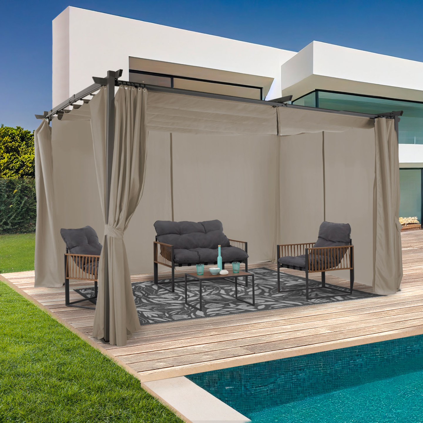 Pergola édition limitée toit rétractable 3x4 m et 4 rideaux taupe