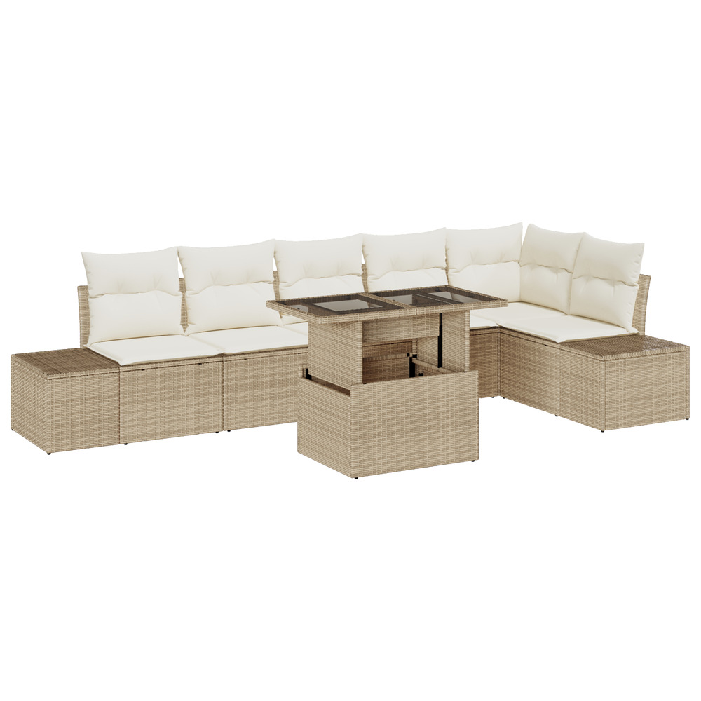 Ensemble de canapé de jardin 7 pièces avec coussins beige poly rattan