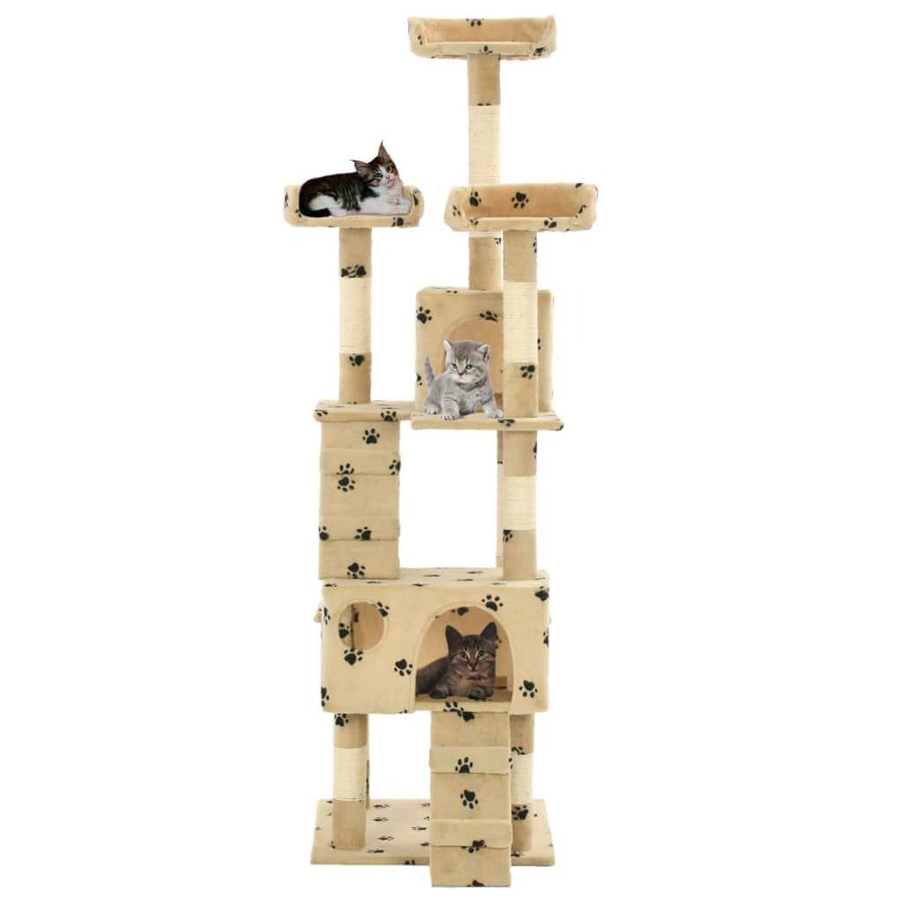 Arbre à chat griffoir grattoir niche jouet animaux peluché en sisal 170 cm beige motif de pattes