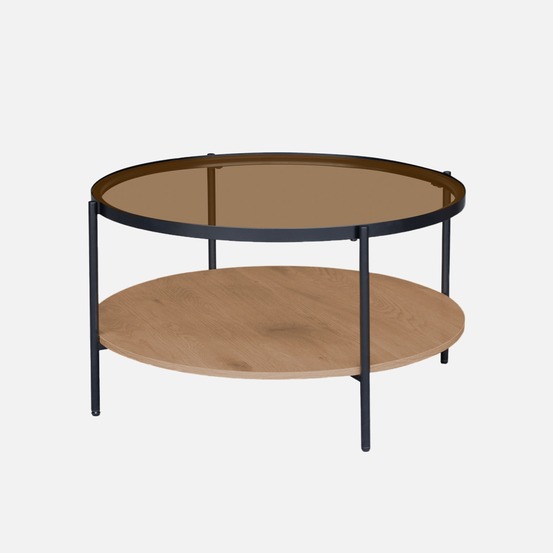 Table basse ronde double plateau verre, décor bois et métal - smooky
