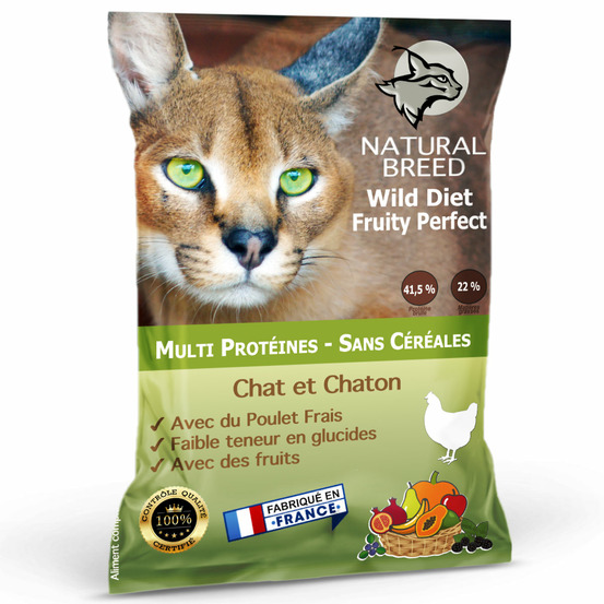 Croquettes chat et chaton sans céréales au poulet frais – faible en glucides – Wild Diet Fruity – 2 kg