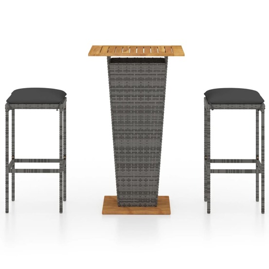 Ensemble de bar de jardin 3 pièces et coussins résine tressée gris