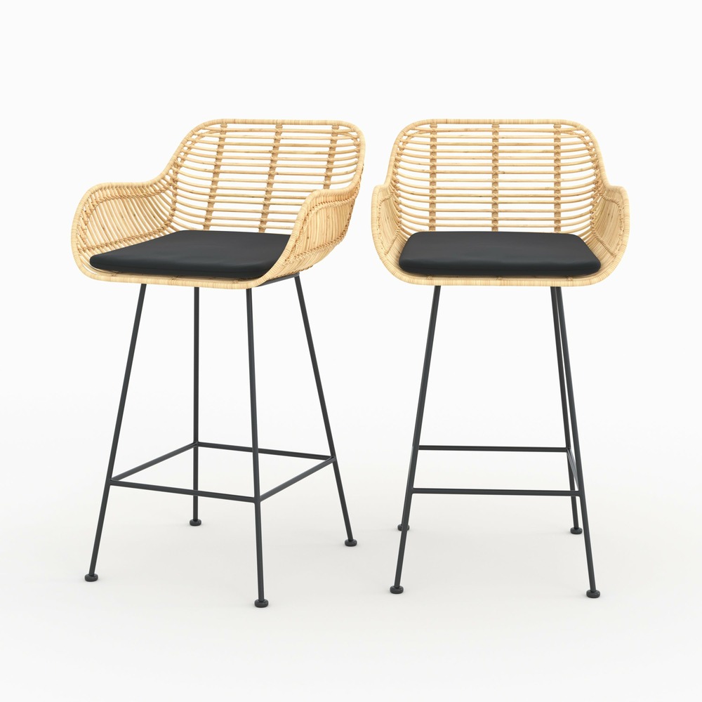 Pops-lot de 2 chaises pour îlot central 66 cm en rotin et tissu noir