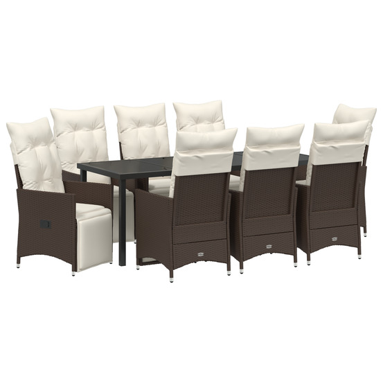 Ensemble repas jardin 9 pièces avec coussins rattan poly marron